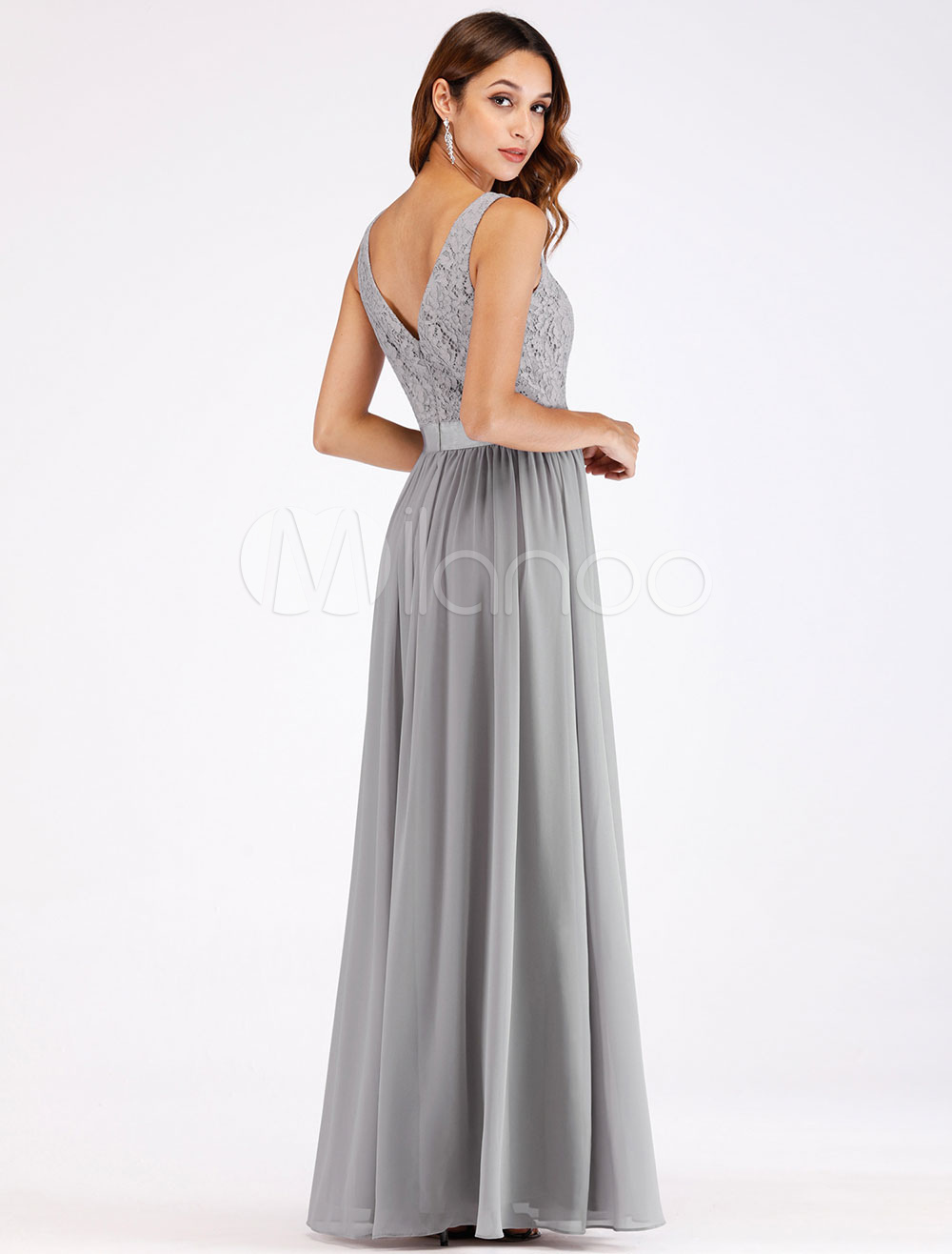 Light Gray Prom Dresses lace Chiffon V Neck Sleeveless Maxi Formal ...