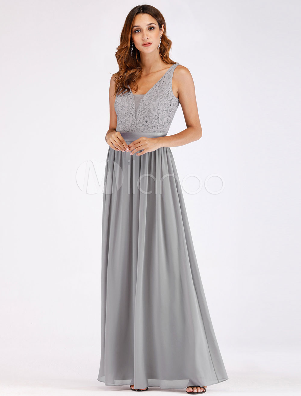 Light Gray Prom Dresses lace Chiffon V Neck Sleeveless Maxi Formal ...