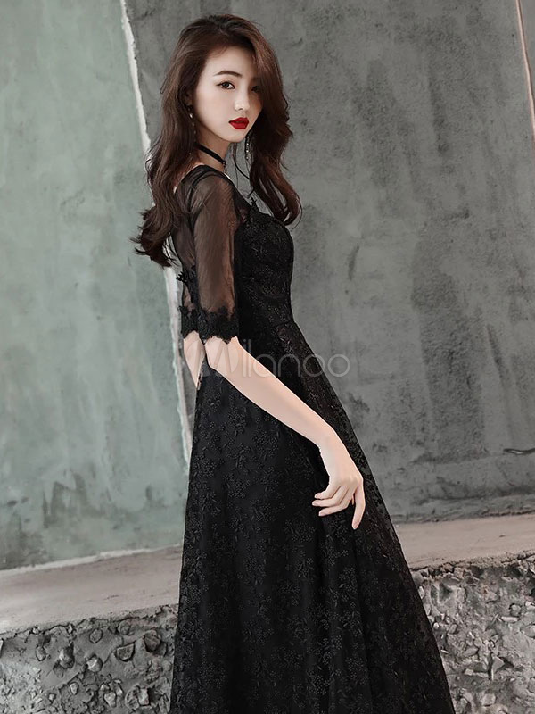 Black Prom Dresses Long Half Sleeve Lace Illusion Floor Length Formal ...