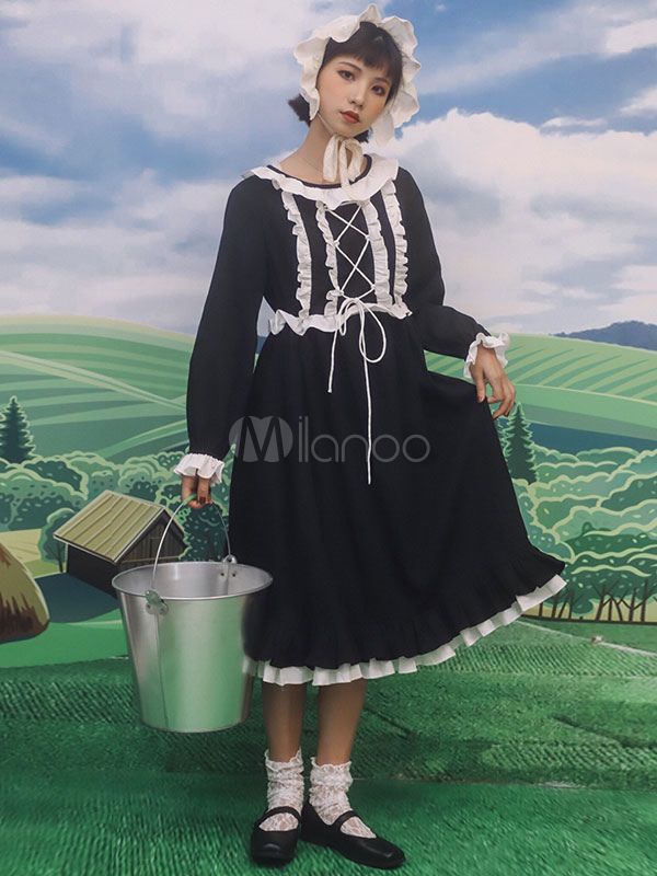 クラシックロリータopドレス黒と白のレースアップフリル2トーンロリータワンピースドレス Lolitashow Com Jp