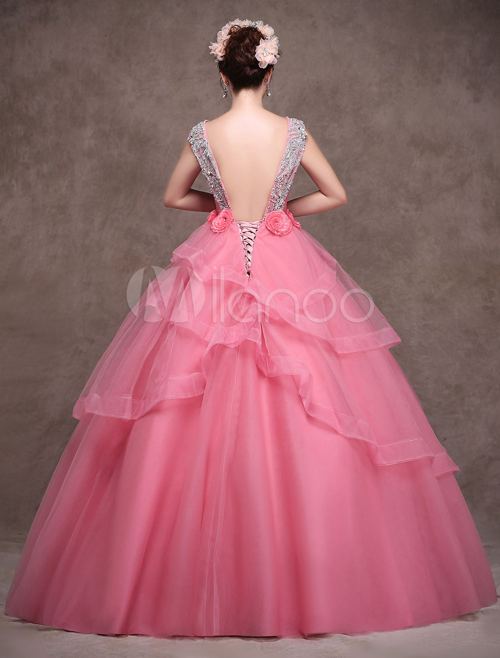 Princess Quinceanera Dresses Luxury Salmon Tulle Floor Length Beaded