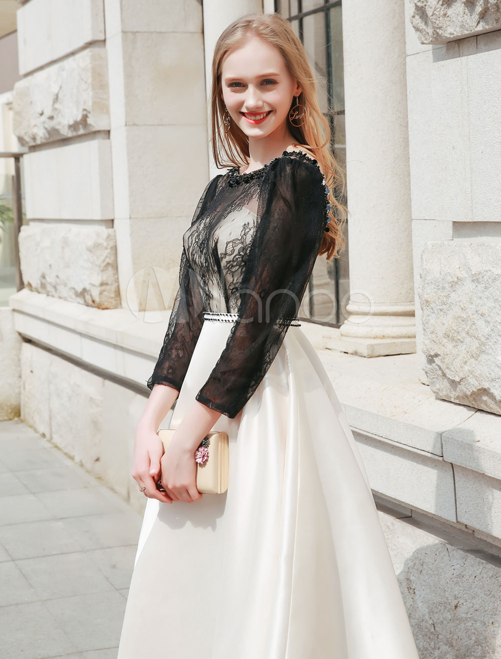 Black Cocktail Dresses Long Sleeve Luxury Lace Beaded A Line Tea Length