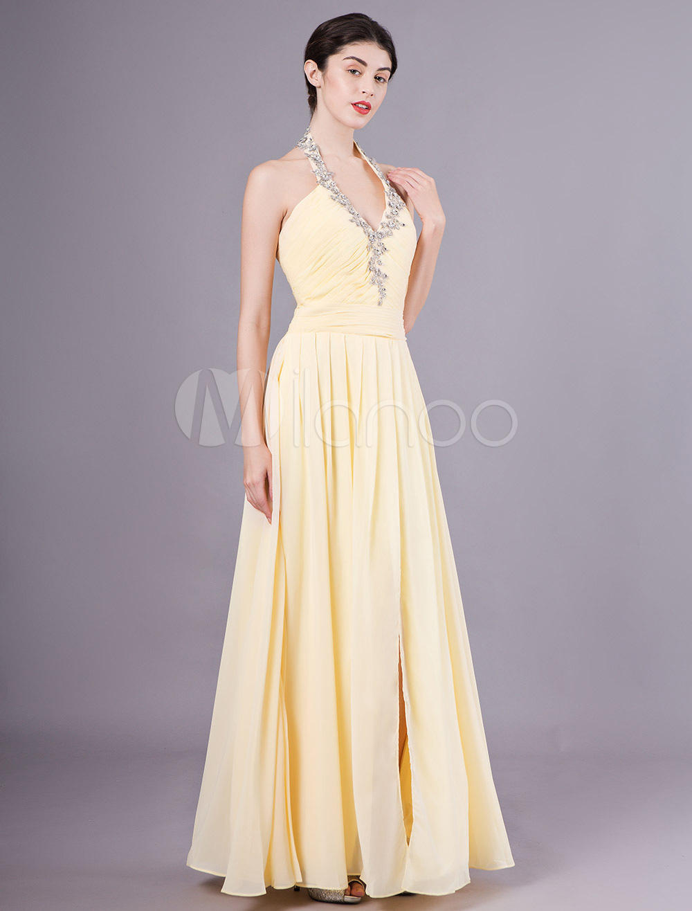 Long Prom Dresses Daffodil Halter Chiffon Maxi Formal Party Dress ...