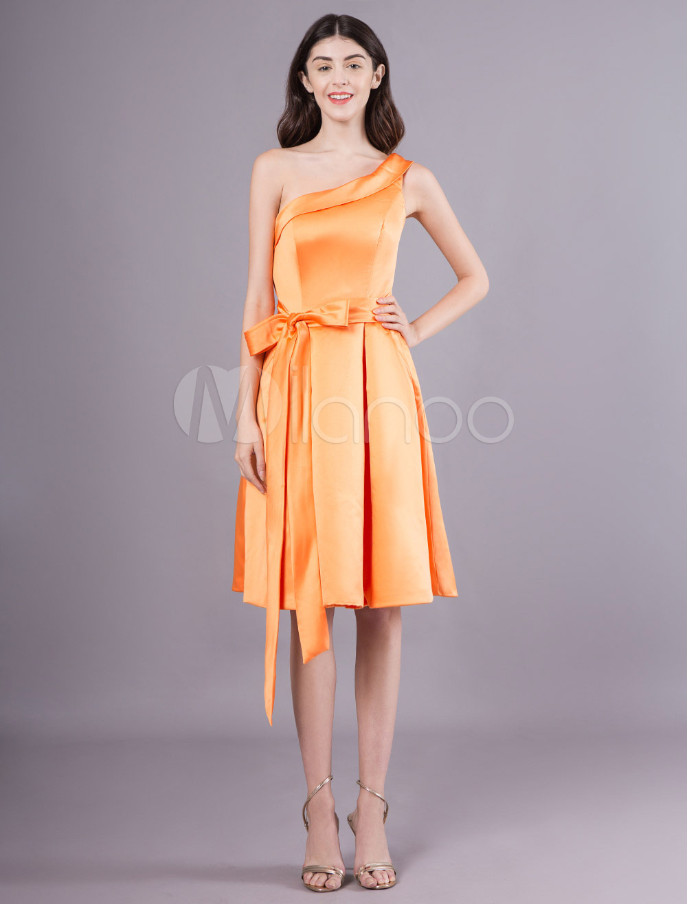 Cocktail Dresses  Satin Pockets  Orange One Shoulder Ribbon 