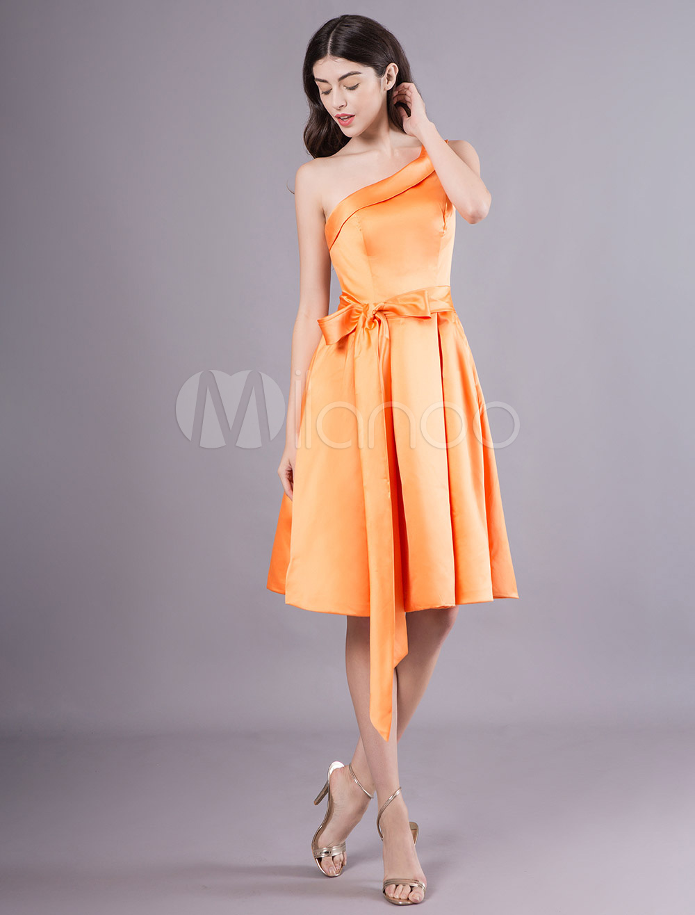 Cocktail Dresses  Satin Pockets  Orange One Shoulder Ribbon 