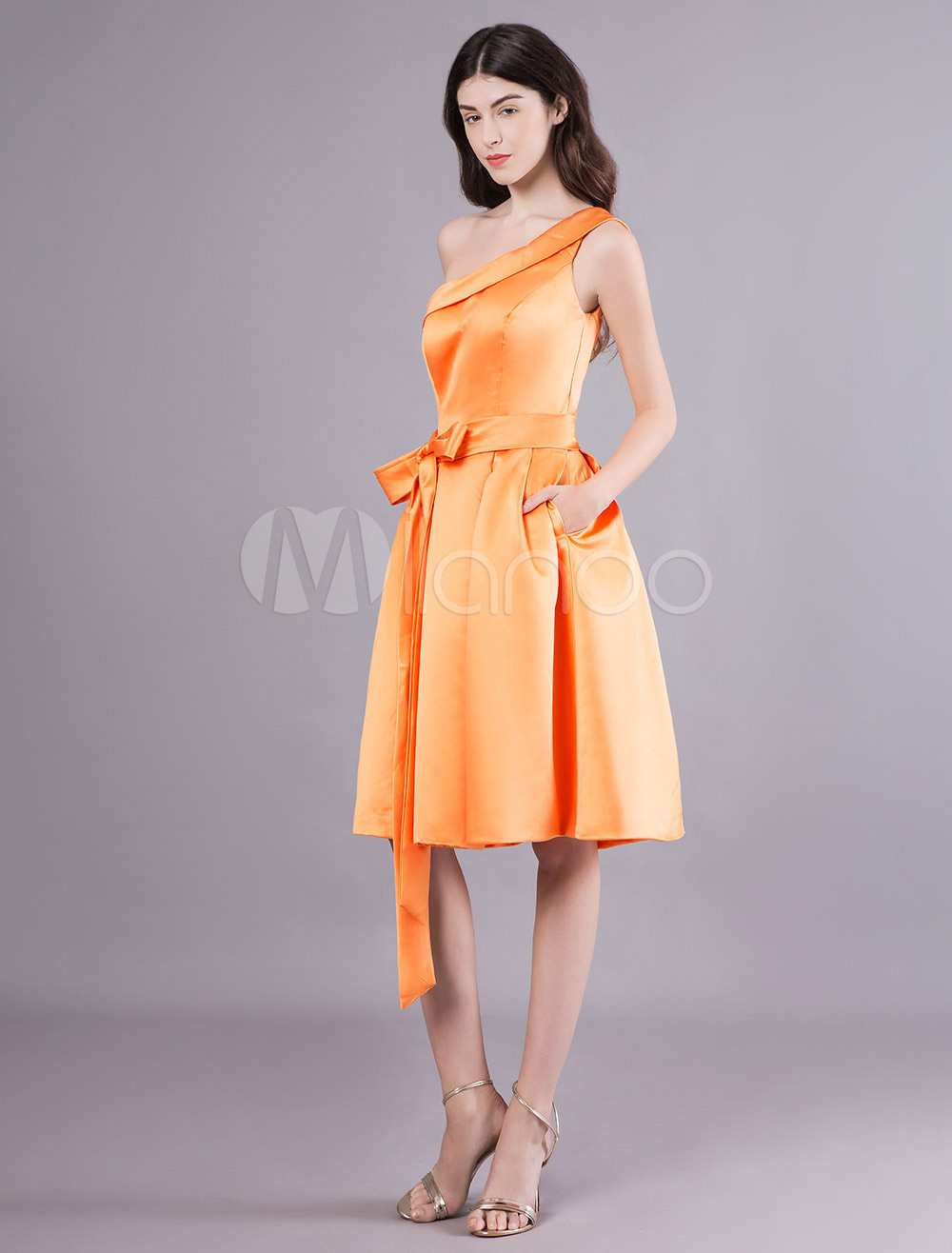 Cocktail Dresses  Satin Pockets  Orange One Shoulder Ribbon 