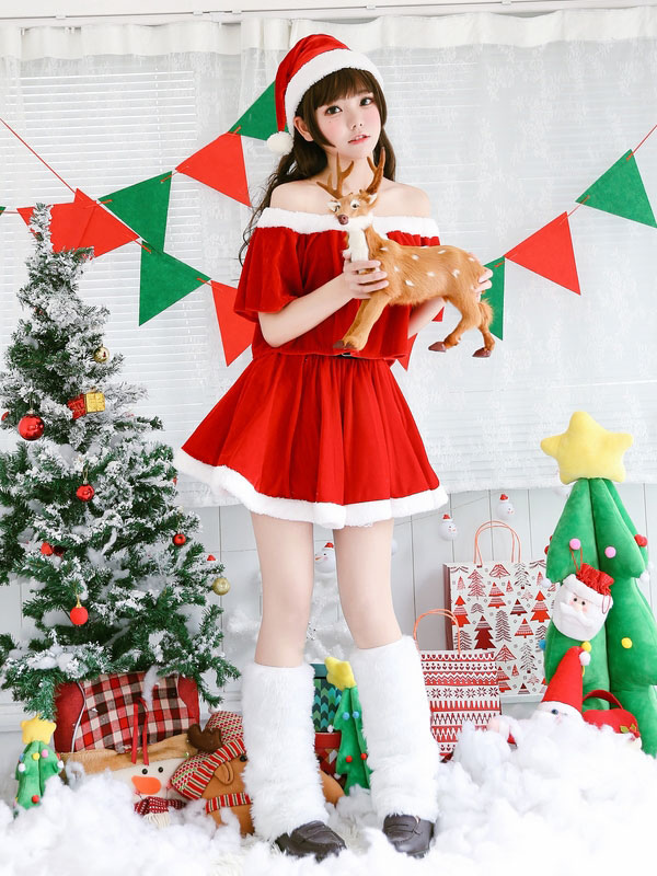 Red Santa Christmas Costume Women Lace Bra With Mini Skirt And Hat Christma...
