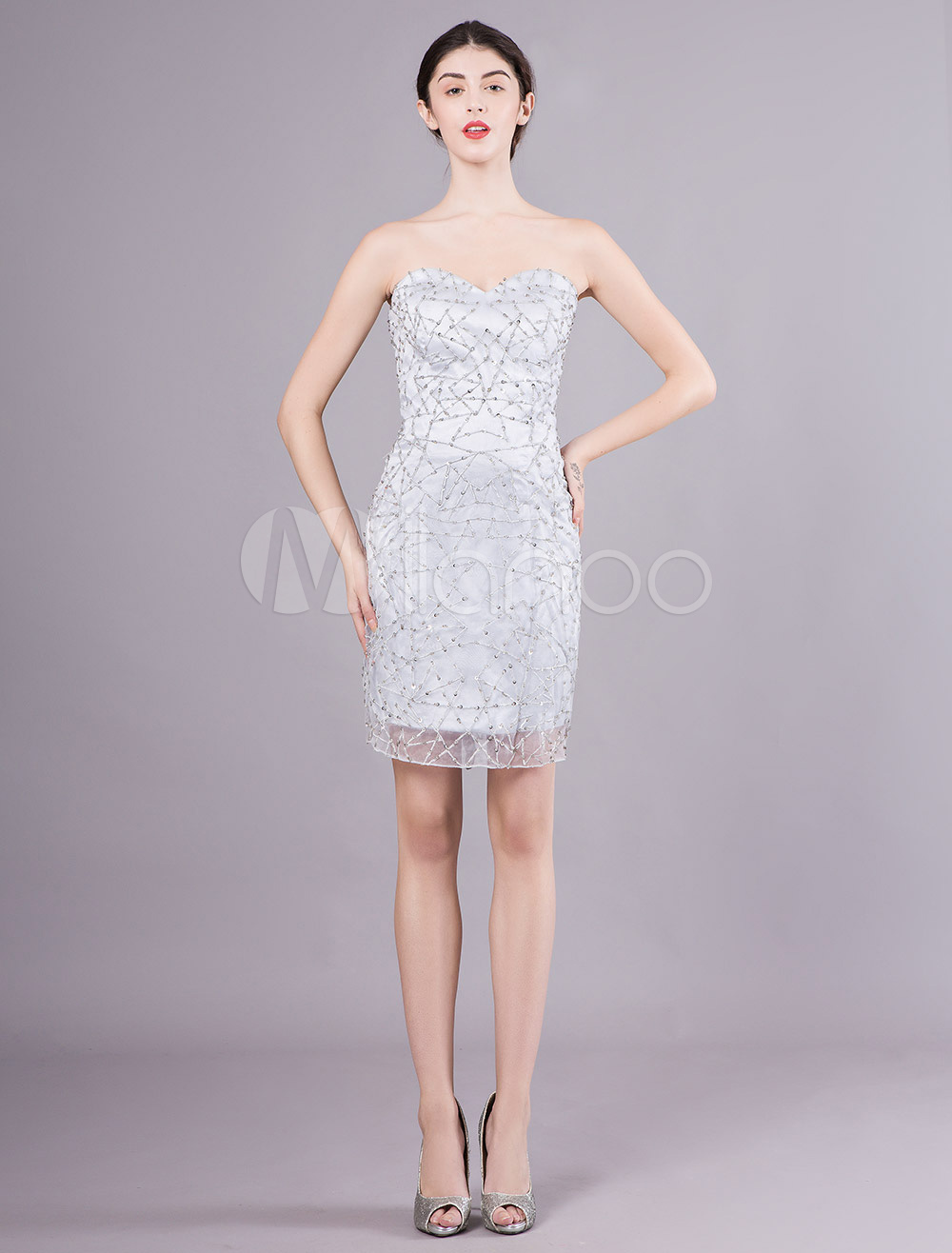 Cocktail Dresses Silver Short Tight Homecoming Dress Beading Mini Party ...