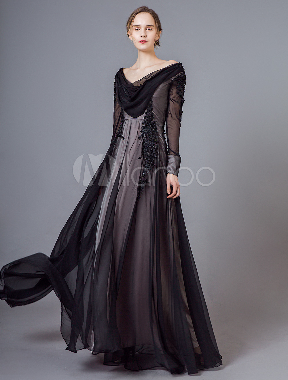 Evening Dresses Black Long Sleeve Chiffon Lace Applique Cowl Neck ...