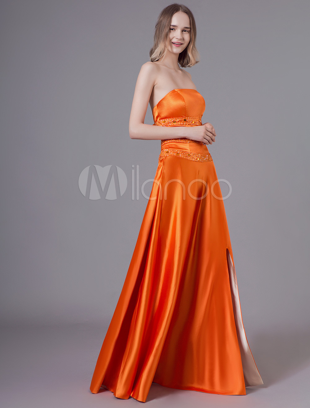 Prom Dresses Long Strapless Sexy High Split Orange Red Satin Beaded ...