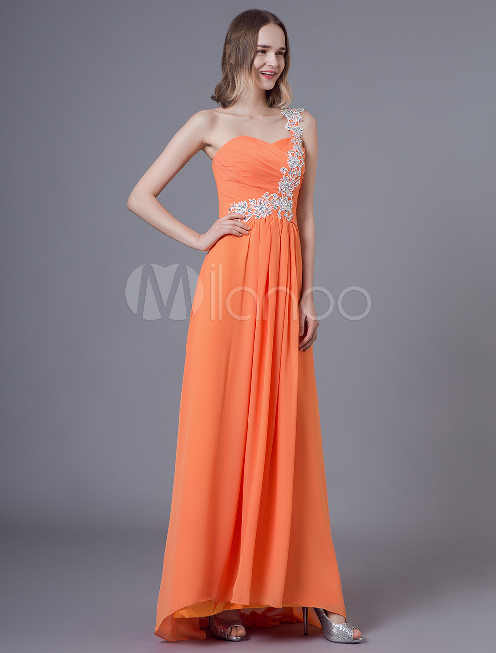 Prom Dresses Long One Shoulder Chiffon Lace Applique Orange Beaded