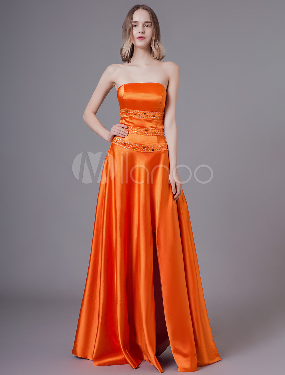 Prom Dresses Long Strapless Sexy High Split Orange Red Satin Beaded ...