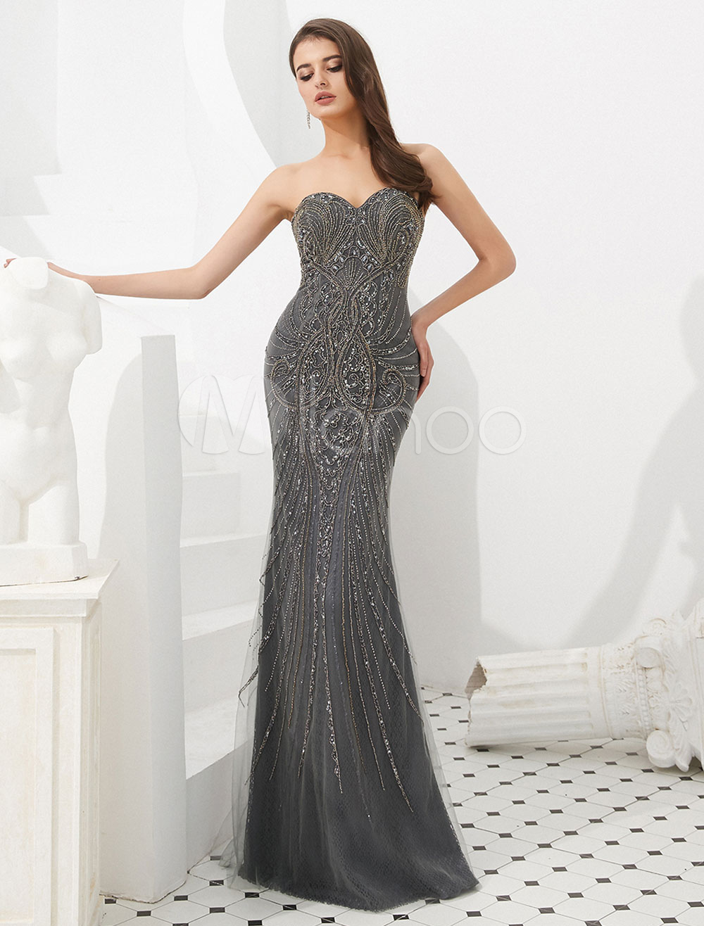 Evening Dresses Mermaid Grey Heavy Beaded Luxury Formal Gowns With ...