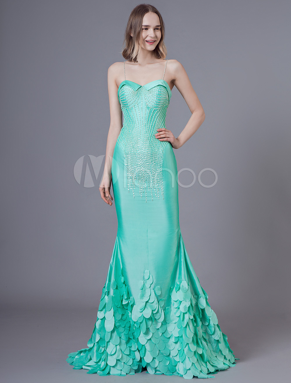 Evening Dresses Mermaid Beading Mint Green Straps Fish Scale Formal ...