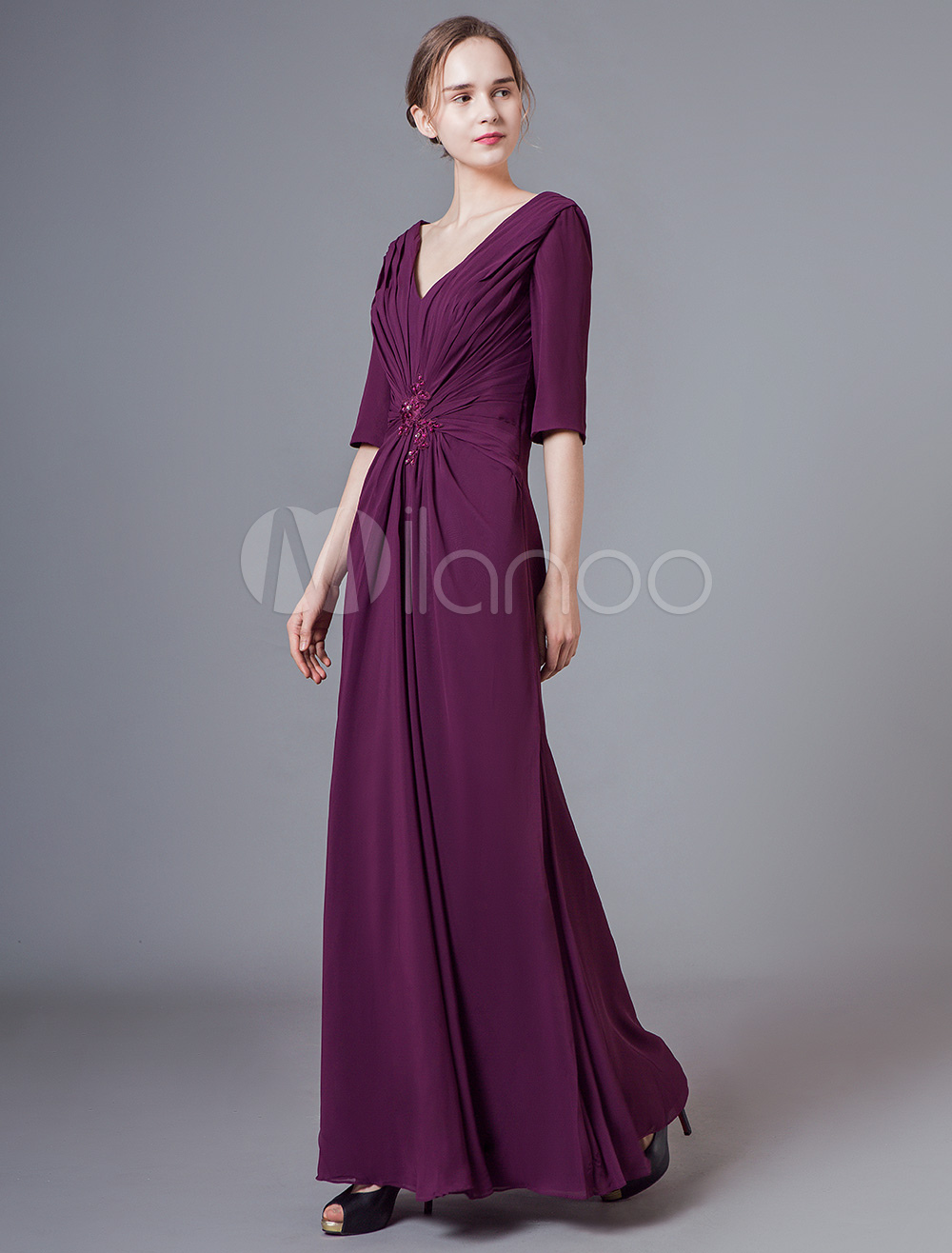 plum gown with sleeves