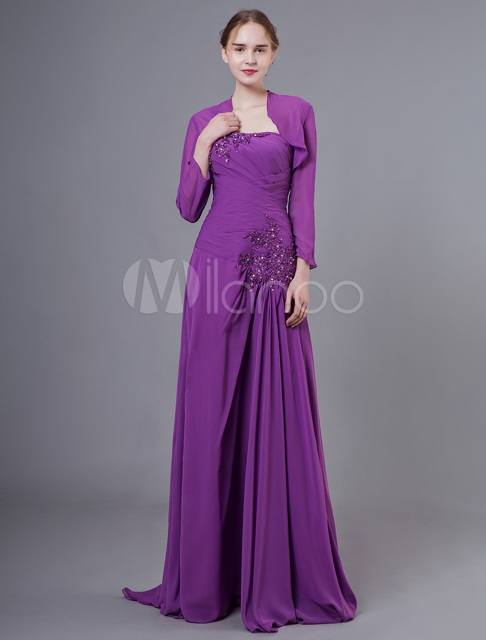 Traje De Madre Vestidos Chaqueta De Gasa Lavanda De Encaje Rebordear Vestido De Fiesta De Boda Maxi Plisado Milanoo Com