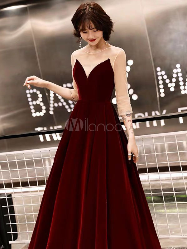 Prom Dresses Long Black Illusion Maxi Velvet Formal Gowns - Milanoo.com