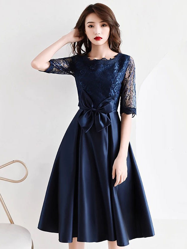 Cocktail Dresses Lace Satin Half Sleeve Bows Tea Length Formal Party ...