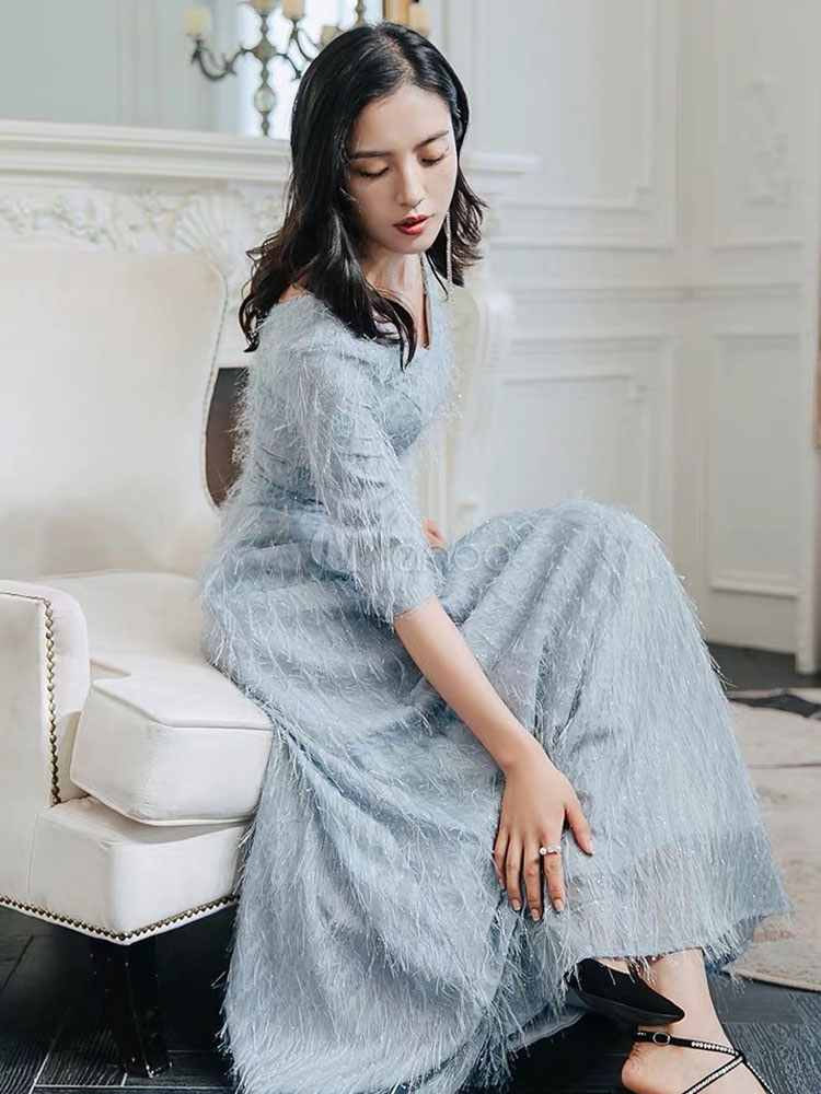 Evening Dresses Lace Grey Half Sleeve Maxi Forma Gowns - Milanoo.com