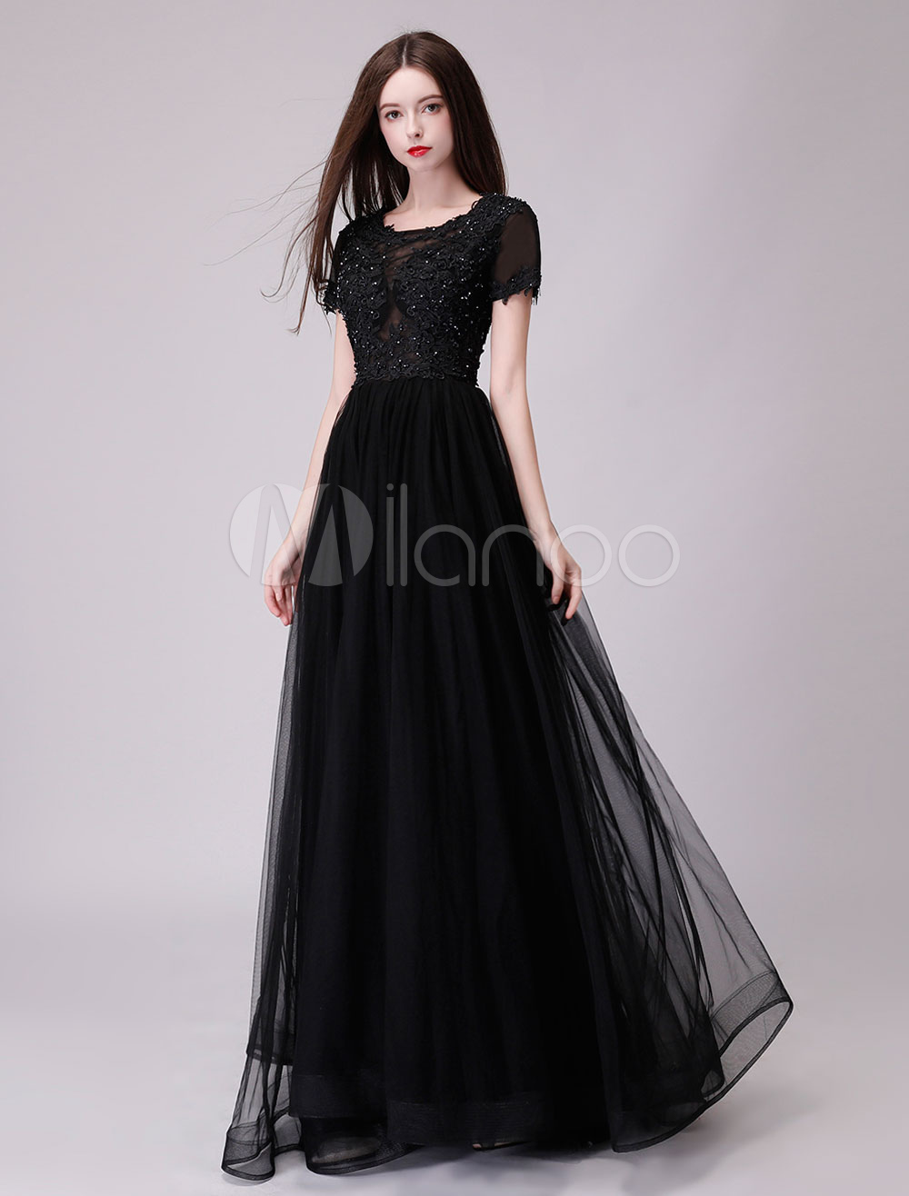 Black Prom Dresses Long Lace Tulle Short Sleeve Maxi Formal Evening ...
