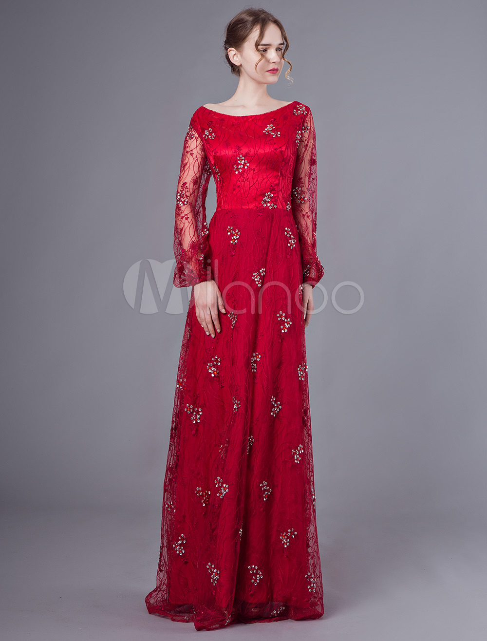 Mother Of The Dresses Long Sleeve Red Lace Beaded Floor Length Formal ...