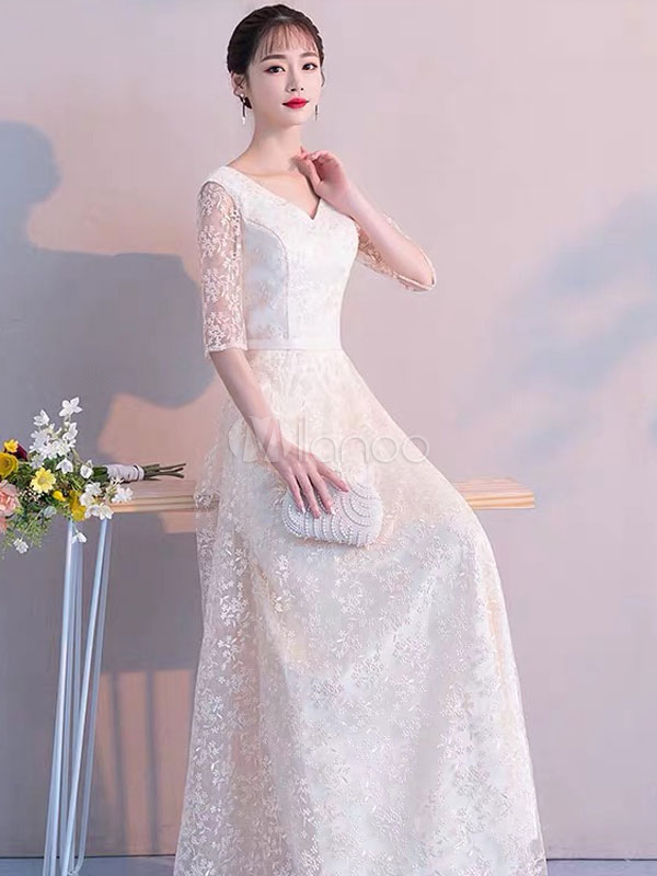 Lace Prom Dresses Long Half Sleeve V Neck Floor Length Maxi Formal ...