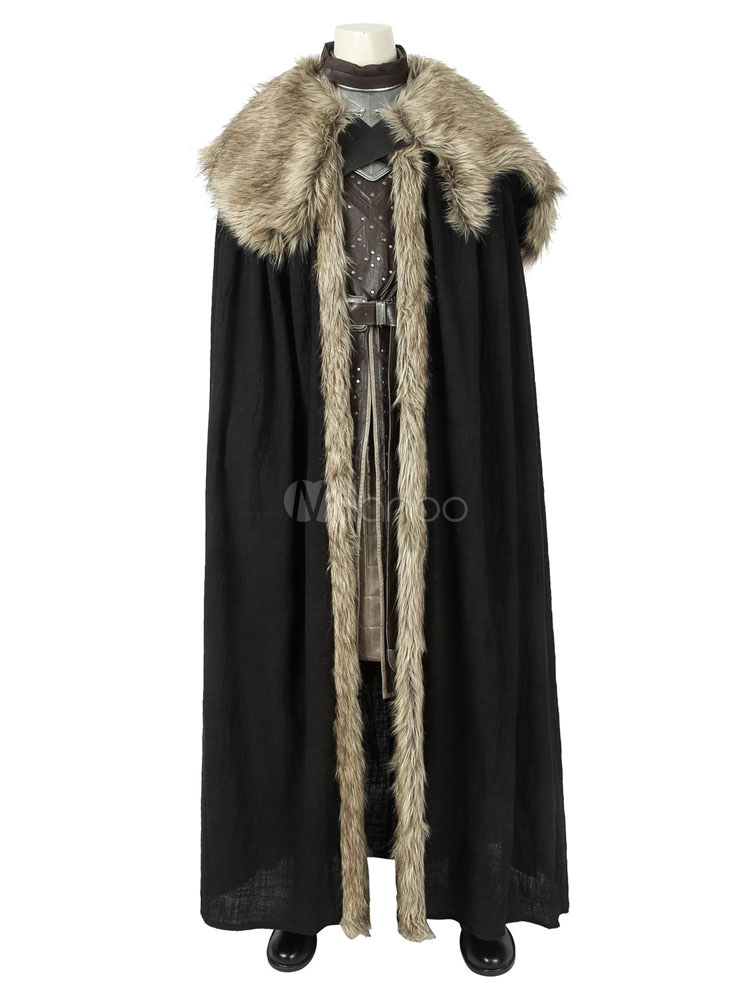 Men's Medieval Faux Rabbit Fur Trim Long Brown Cloak Costume