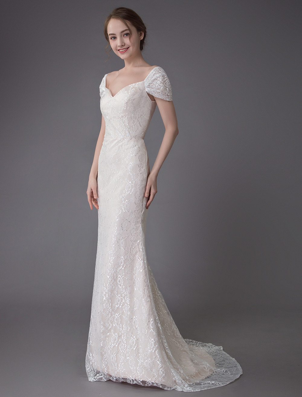 Lace Wedding Dress Vanilla Cream Sweetheart Short Sleeve Bridal Dress ...