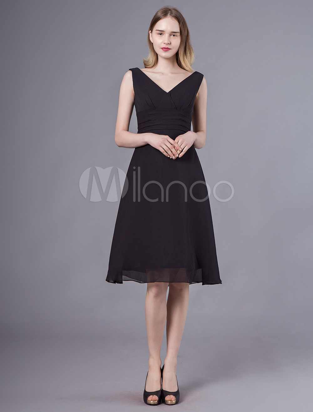 Black Cocktail Dresses V Neck Chiffon Wedding Guest Dress A Line