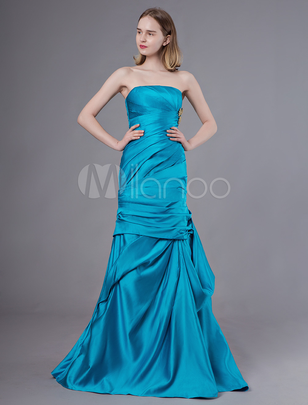 Evening Dresses Strapless Teal Satin Ruched Pleated Maxi Formal Gowns ...