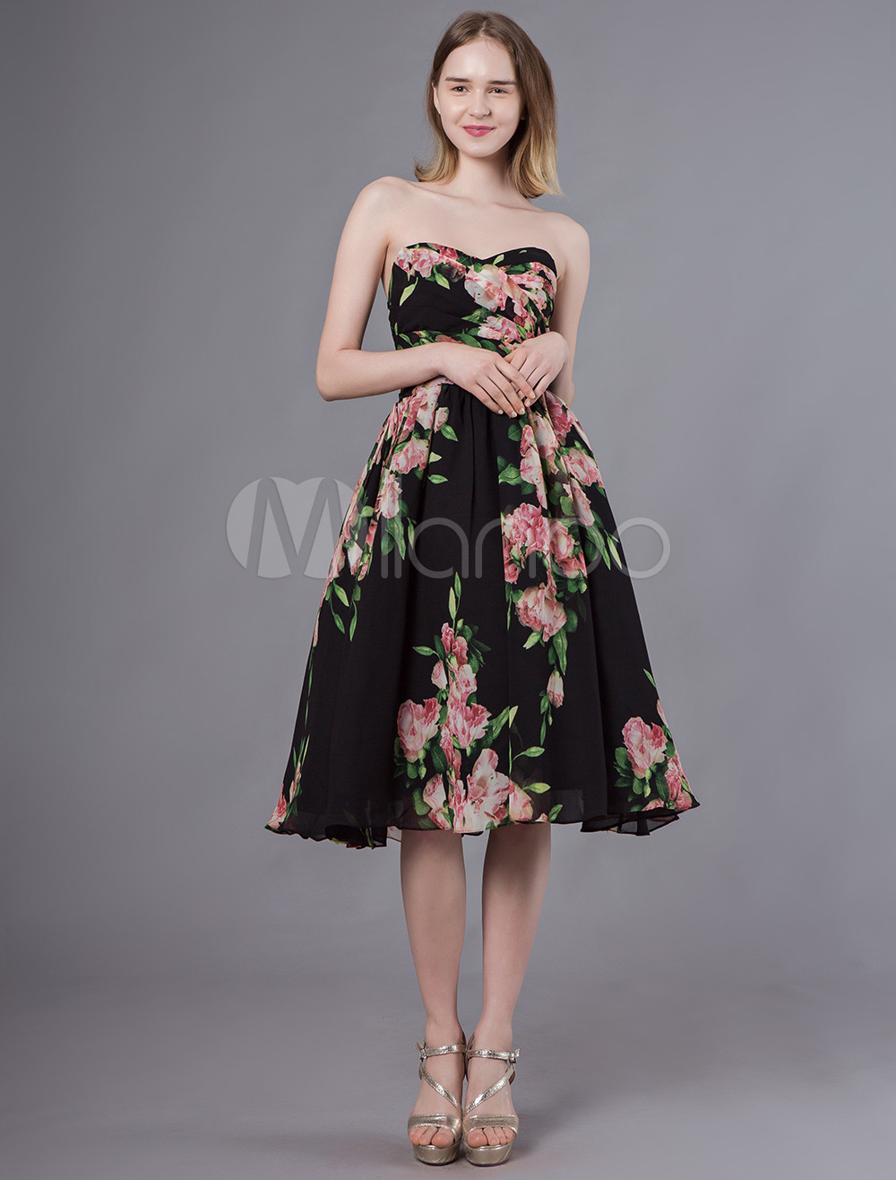 Short Prom Dresses Floral Print Strapless Sweetheart Knee Length ...