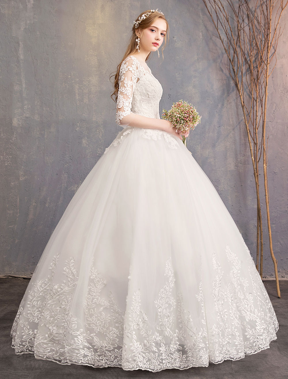 Princess Wedding Dresses Lace Illusion Neckline Half Sleeve Floor ...