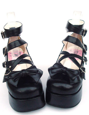 Zapatos Lolita Dulce Negros Plataforma Alta Tirantes de Tobillo Hebilla Lazo