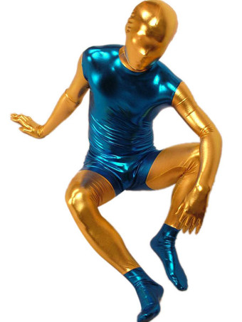 Zentai Terno Azul e ouro metálico brilhante Halloween