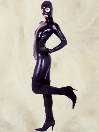 Black Spandex Lady Zentai Suit Fullbody Tight Fabric Female Catsuit Open  Eyes 