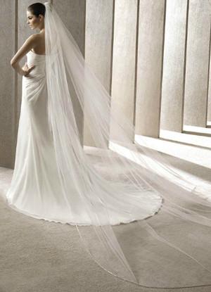 Ivory Wedding Veils One-Tier Tulle Finished Edge Waterfall Long Bridal Veil  - Milanoo.com