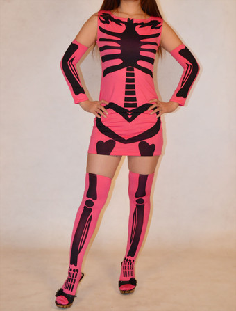 人間の骨格ライクラ スパンデックス女子キャットスーツをピンクします。