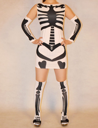 人間の骨格ライクラ スパンデックス女子キャットスーツをホワイトします。