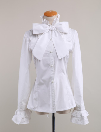 Blusa de Algodão branco Lolita mangas compridas Stand gola laço babados