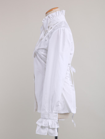 ホワイト　ロリィタブラウス　リボン　長袖　スタンドカラー　フリル