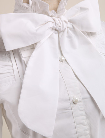 ホワイト　ロリィタブラウス　リボン　長袖　スタンドカラー　フリル