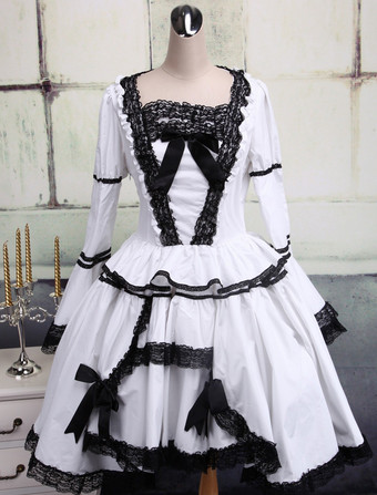 Lolitashow Gothic Lolita Dress OP White Long Sleeves Black Lace Trim Two Layer Lolita One Piece Dress