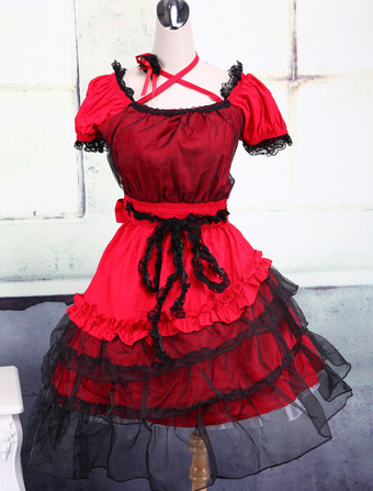 Classic Lolita Dress Red Short Sleeve Lace Layered Ruffles Lolita OP Dress