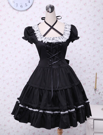 Lolitashow Algodão preto Lolita OP vestido de mangas curtas com Lace up e White Lace Trim