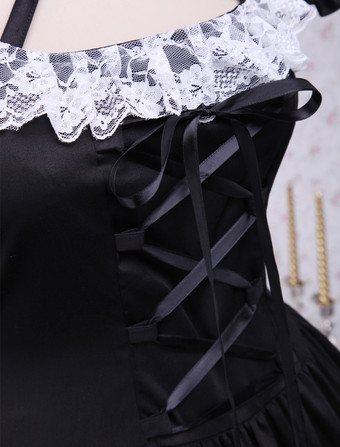   ゴスロリ　コットン　ロリィタワンピース　半袖　ブラック　レースアップ　白いレーストリム