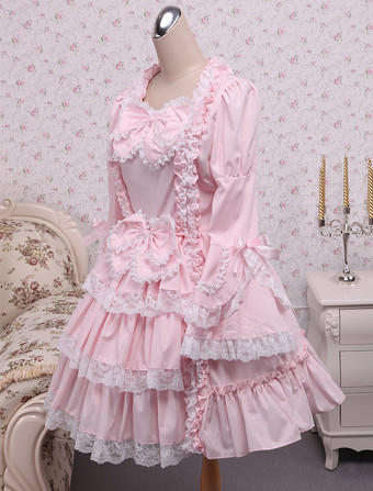 Lolita rose OP robe Hime longues manches dentelle blanche garniture arcs Déguisements Halloween