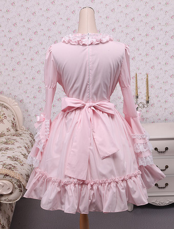 Lolita rose OP robe Hime longues manches dentelle blanche garniture arcs Déguisements Halloween