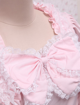 Lolita rose OP robe Hime longues manches dentelle blanche garniture arcs Déguisements Halloween