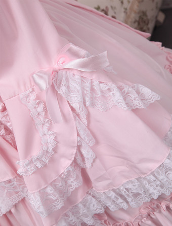 Lolita rose OP robe Hime longues manches dentelle blanche garniture arcs Déguisements Halloween