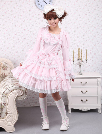 Lolita rose OP robe Hime longues manches dentelle blanche garniture arcs Déguisements Halloween